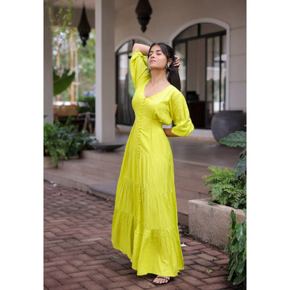 FORAM PATEL Lime Yellow Tiered Maxi Dress