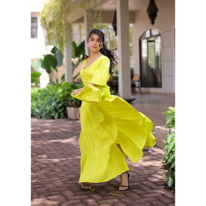 FORAM PATEL Lime Yellow Tiered Maxi Dress