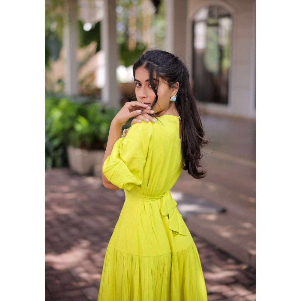 FORAM PATEL Lime Yellow Tiered Maxi Dress