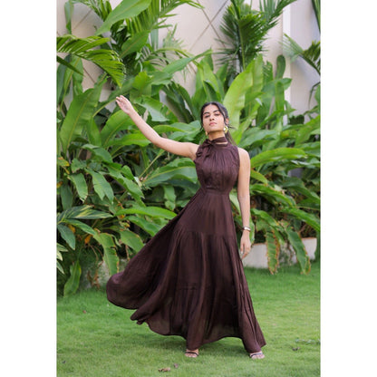 FORAM PATEL Dark Brown Tiered Maxi Dress