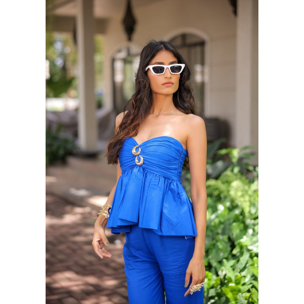 FORAM PATEL Electric Blue Peplum Top with Pant (Set of 2)