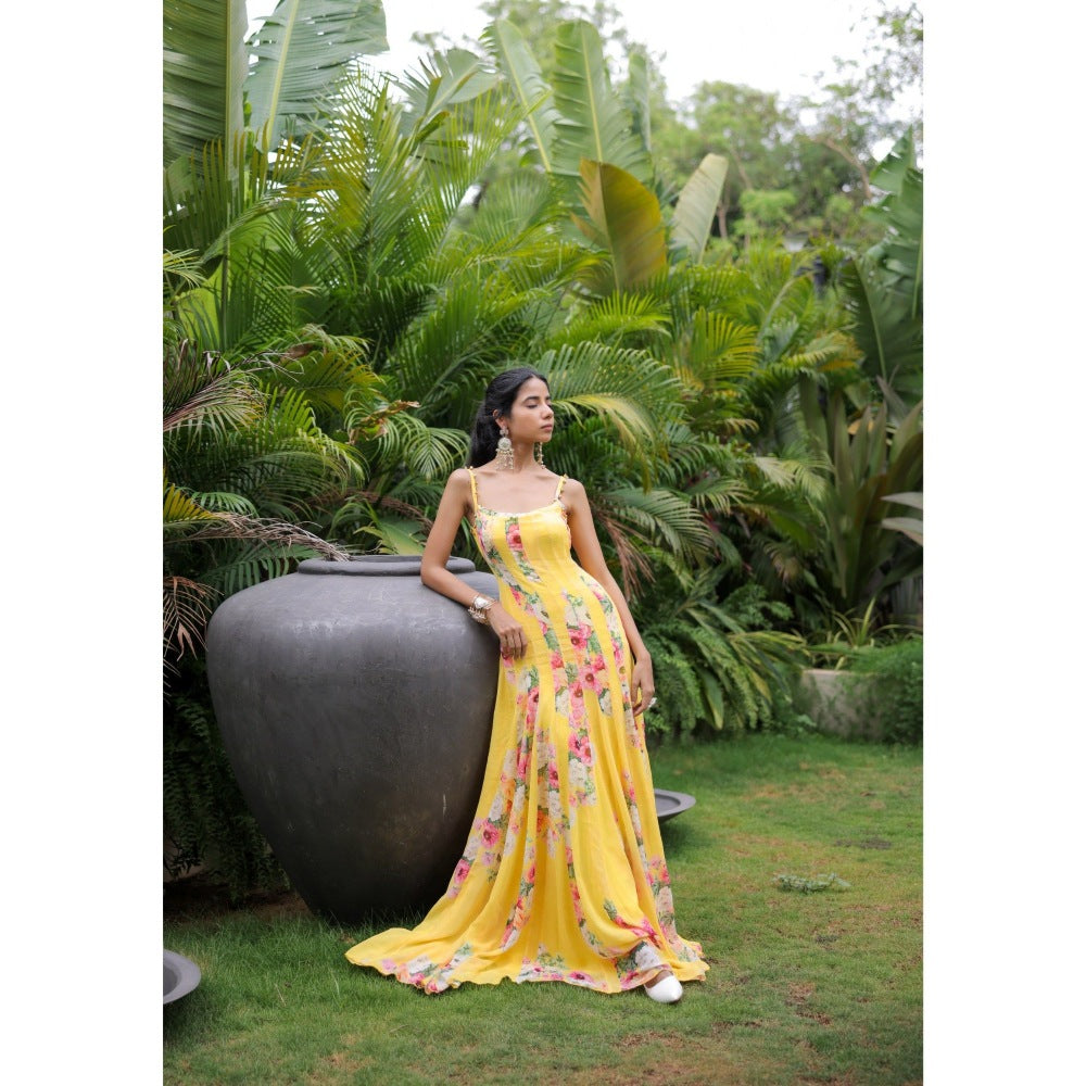 FORAM PATEL Yellow Floral Printed Pleated Maxi Dress