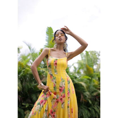 FORAM PATEL Yellow Floral Printed Pleated Maxi Dress