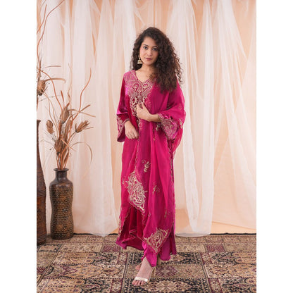Farha Syed Raspberry Pink Kaftan Kurta with Dupatta And Pant (Set of 3)