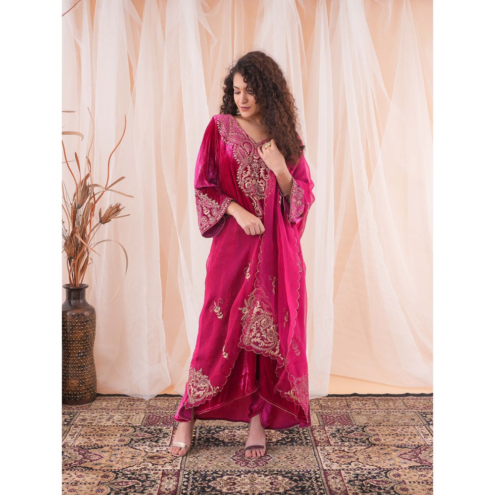 Farha Syed Raspberry Pink Kaftan Kurta with Dupatta And Pant (Set of 3)