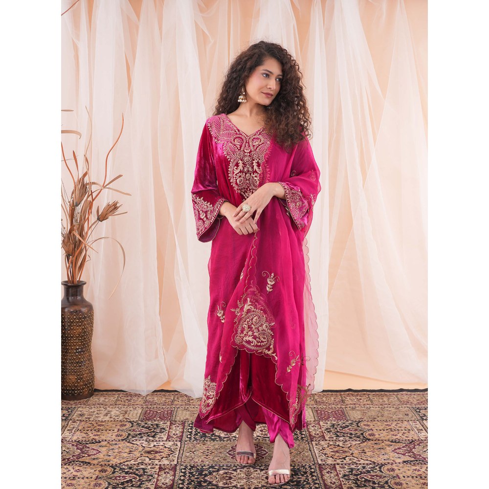 Farha Syed Raspberry Pink Kaftan Kurta with Dupatta And Pant (Set of 3)