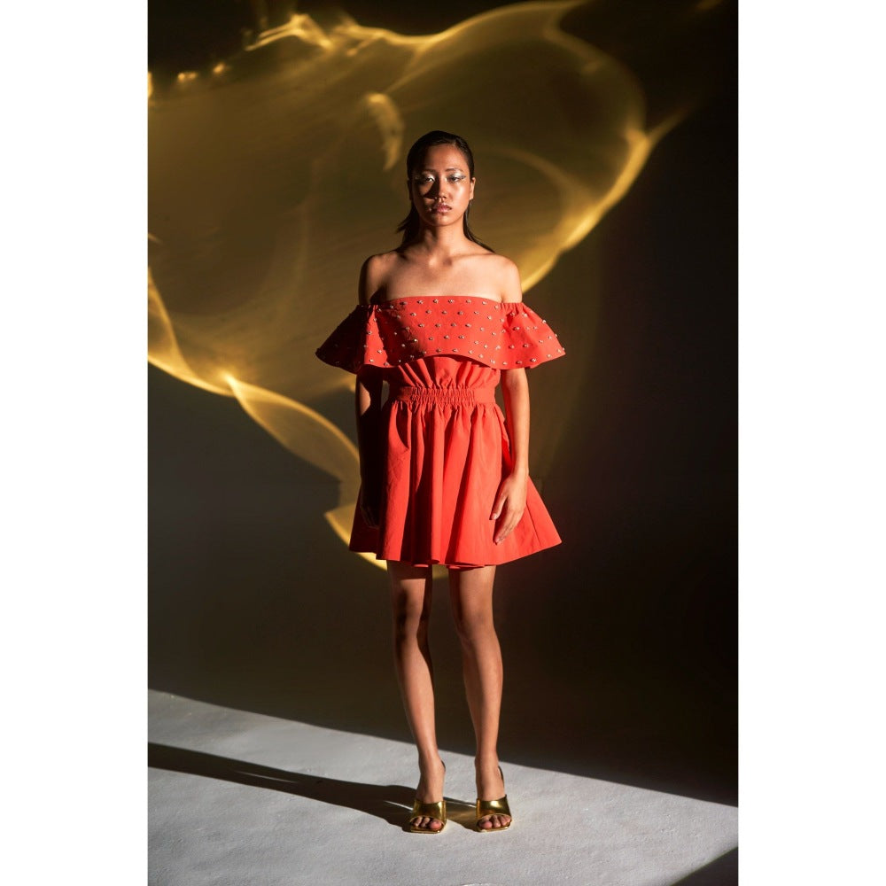 KANGANA TREHAN Orange Embellished Off-Shoulder Dress