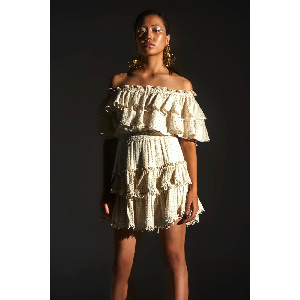 KANGANA TREHAN White Off-Shoulder Sequinned Ruffle Dress