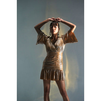 KANGANA TREHAN Deep Neck Gold Sheen Dress