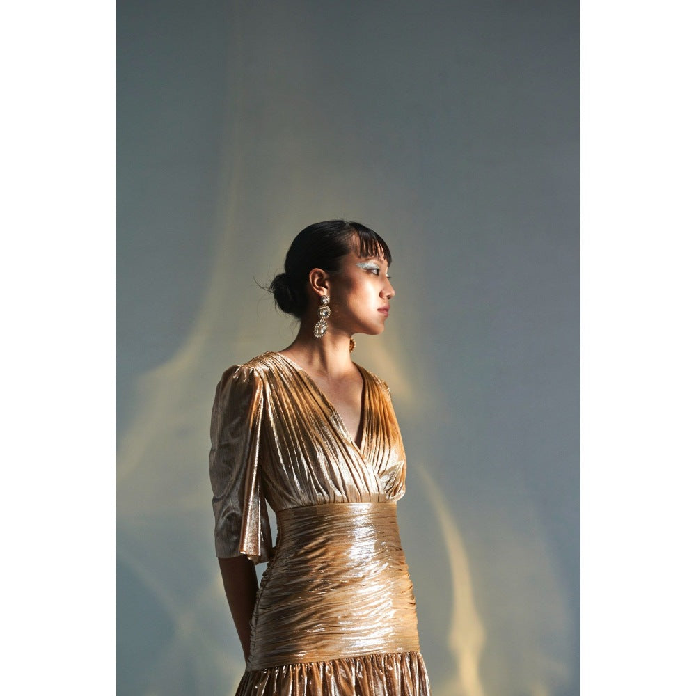 KANGANA TREHAN Deep Neck Gold Sheen Dress