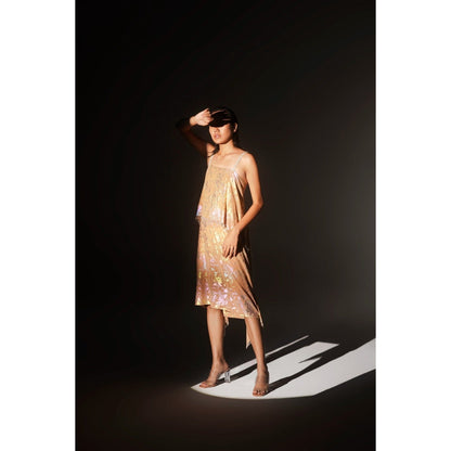 KANGANA TREHAN Peach Metallic Jacquard Chandelier Dress