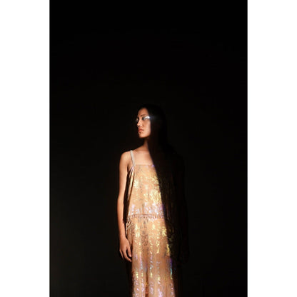 KANGANA TREHAN Peach Metallic Jacquard Chandelier Dress