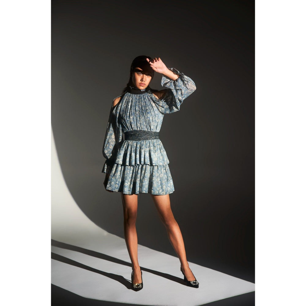 KANGANA TREHAN Floral Print Ruched Sleeves High Neck Dress