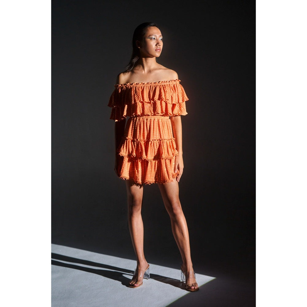 KANGANA TREHAN Orange Off-Shoulder Sequinned Ruffle Dress