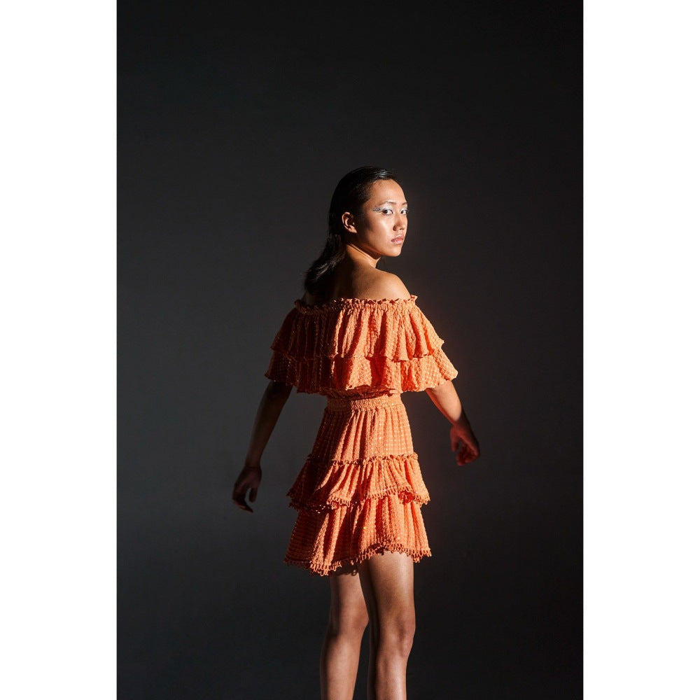 KANGANA TREHAN Orange Off-Shoulder Sequinned Ruffle Dress