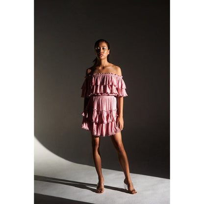 KANGANA TREHAN Pink Off-Shoulder Sequinned Ruffle Dress
