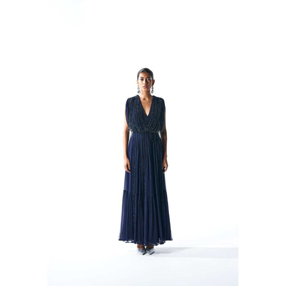 KANGANA TREHAN Navy Blue Maxi Dress with Crystal Strings