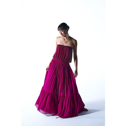 KANGANA TREHAN Burgundy Off Shoulder Maxi Dress with Crystal Strings