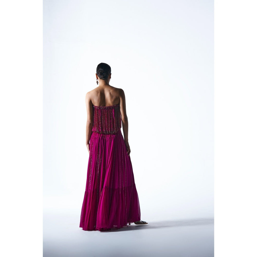 KANGANA TREHAN Burgundy Off Shoulder Maxi Dress with Crystal Strings