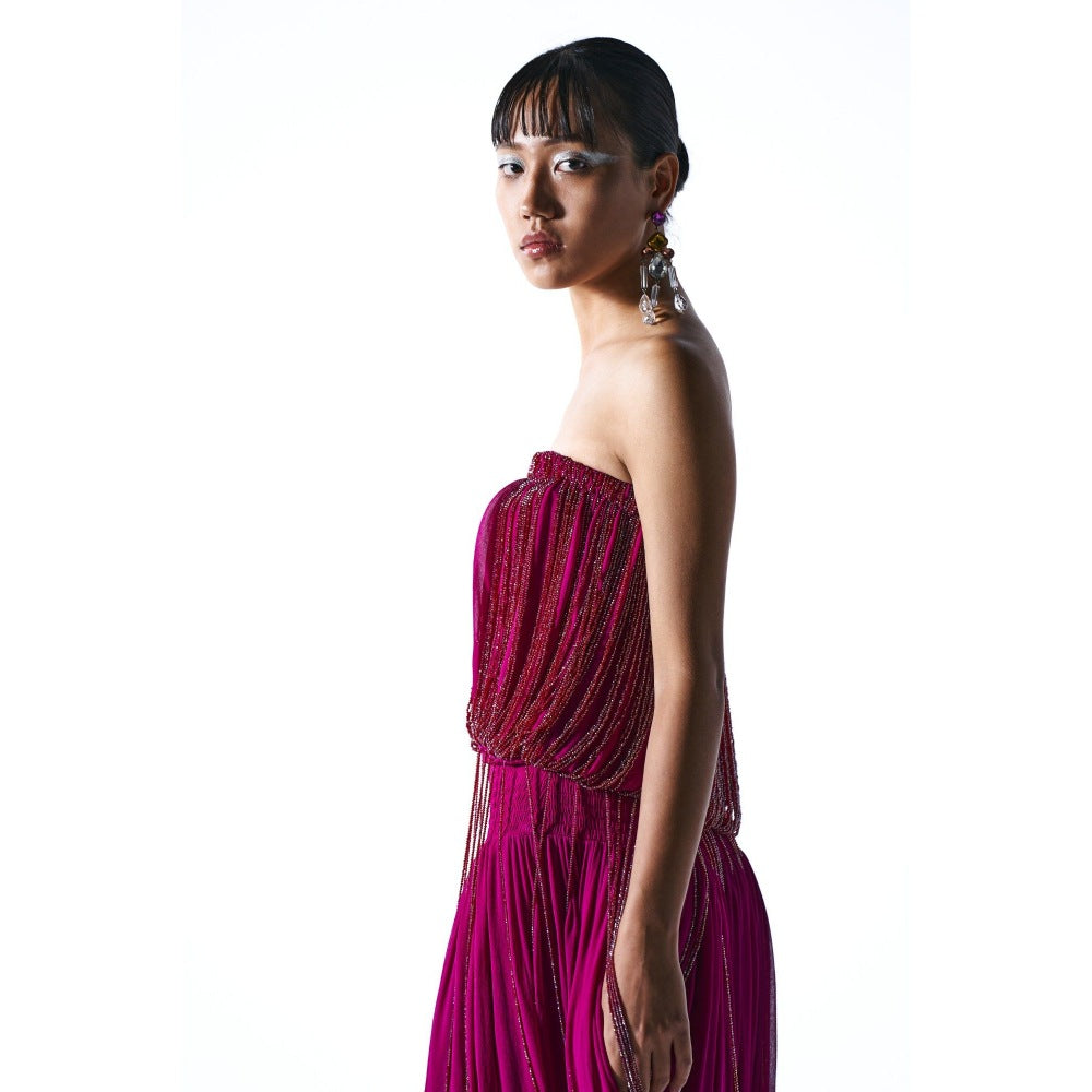 KANGANA TREHAN Burgundy Off Shoulder Maxi Dress with Crystal Strings