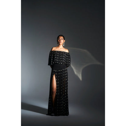 KANGANA TREHAN Black Off Shoulder Maxi Dress with Slits