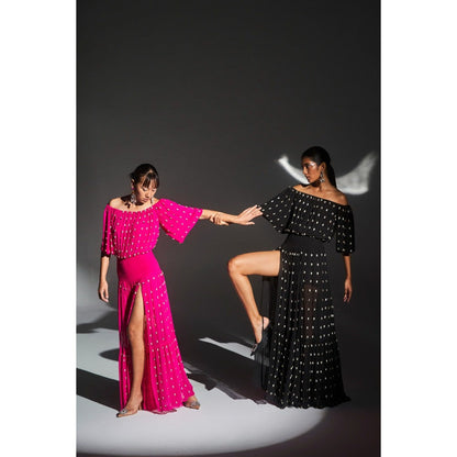 KANGANA TREHAN Black Off Shoulder Maxi Dress with Slits