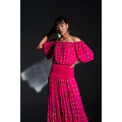 KANGANA TREHAN Hot Pink Off Shoulder Maxi Dress with Slits