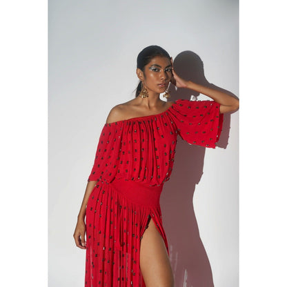 KANGANA TREHAN Red Off Shoulder Maxi Dress with Slits