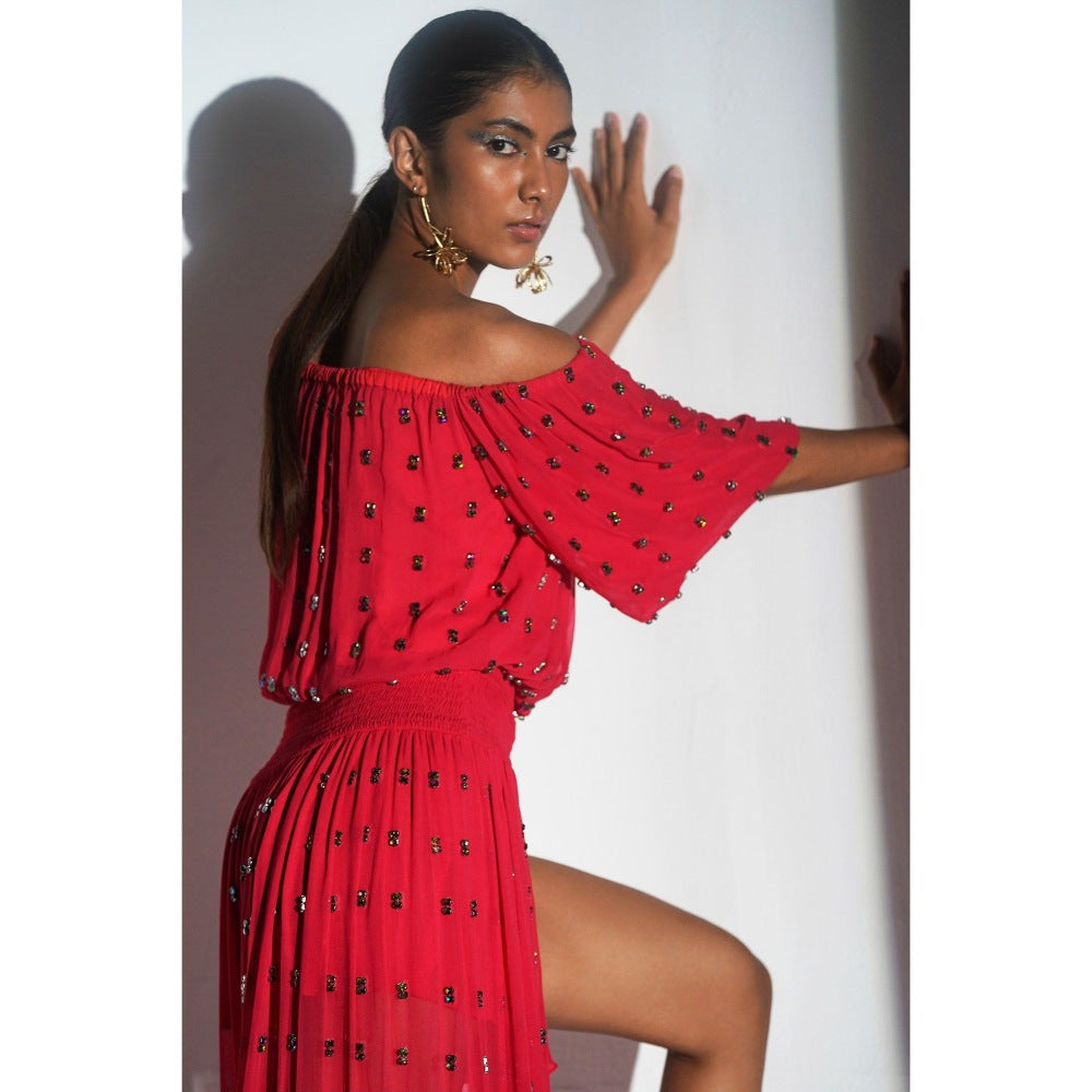 KANGANA TREHAN Red Off Shoulder Maxi Dress with Slits