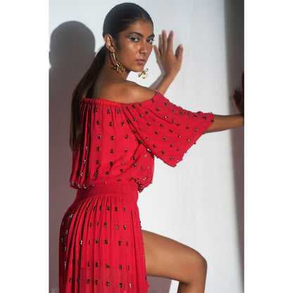 KANGANA TREHAN Red Off Shoulder Maxi Dress with Slits