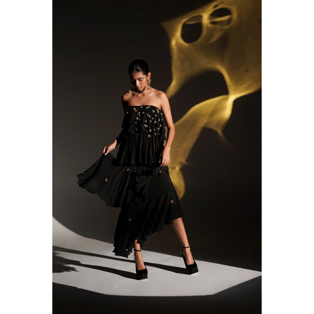 KANGANA TREHAN Black Midi Tube Dress with Gold Embellishments