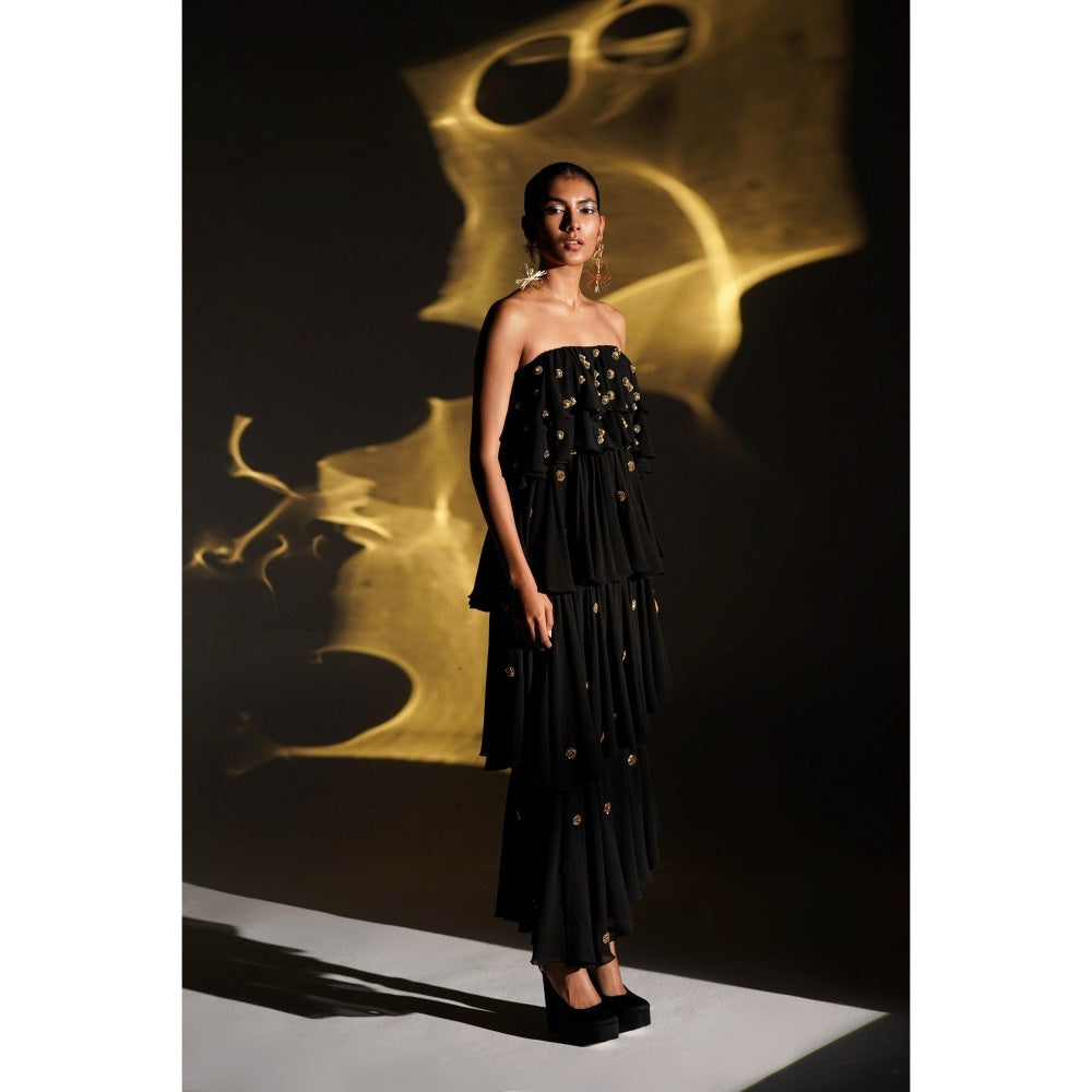 KANGANA TREHAN Black Midi Tube Dress with Gold Embellishments