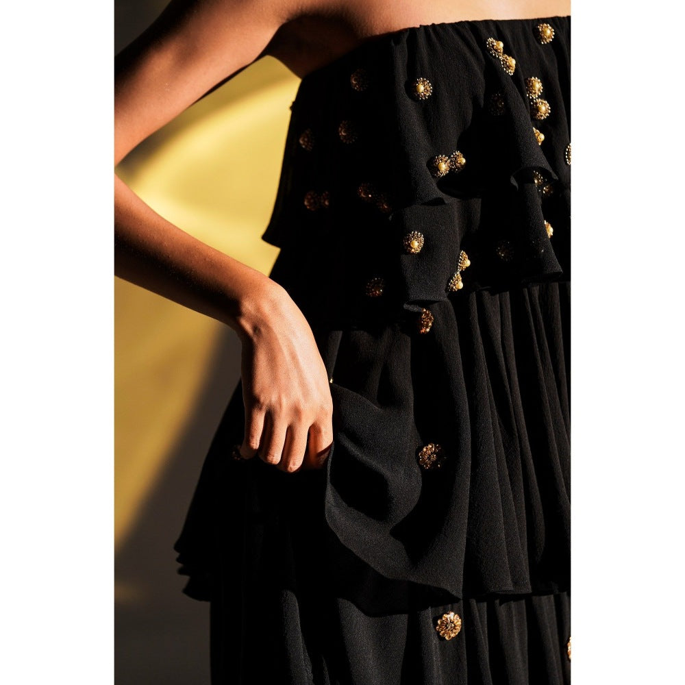 KANGANA TREHAN Black Midi Tube Dress with Gold Embellishments