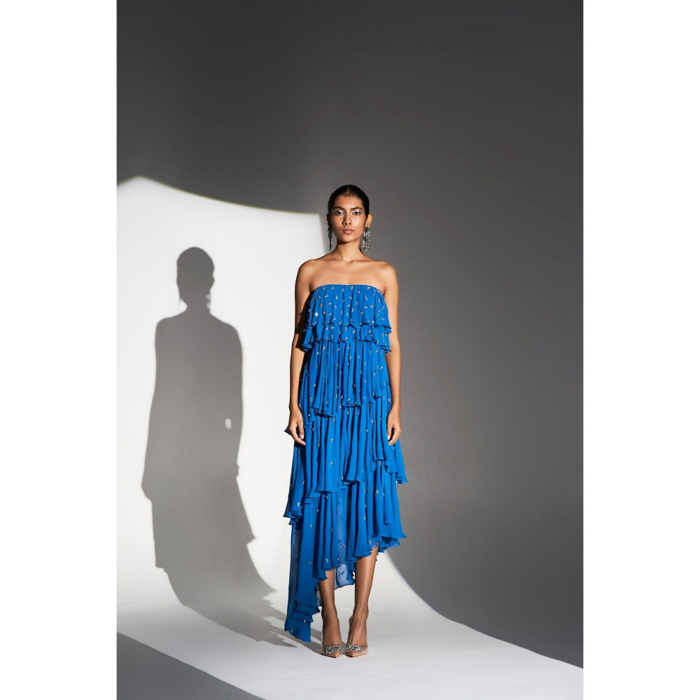 KANGANA TREHAN Blue Midi Tube Dress with Gold Embellishments