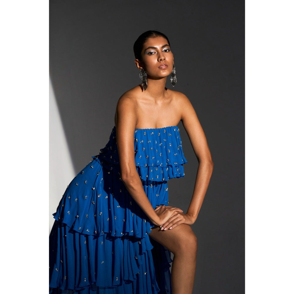 KANGANA TREHAN Blue Midi Tube Dress with Gold Embellishments