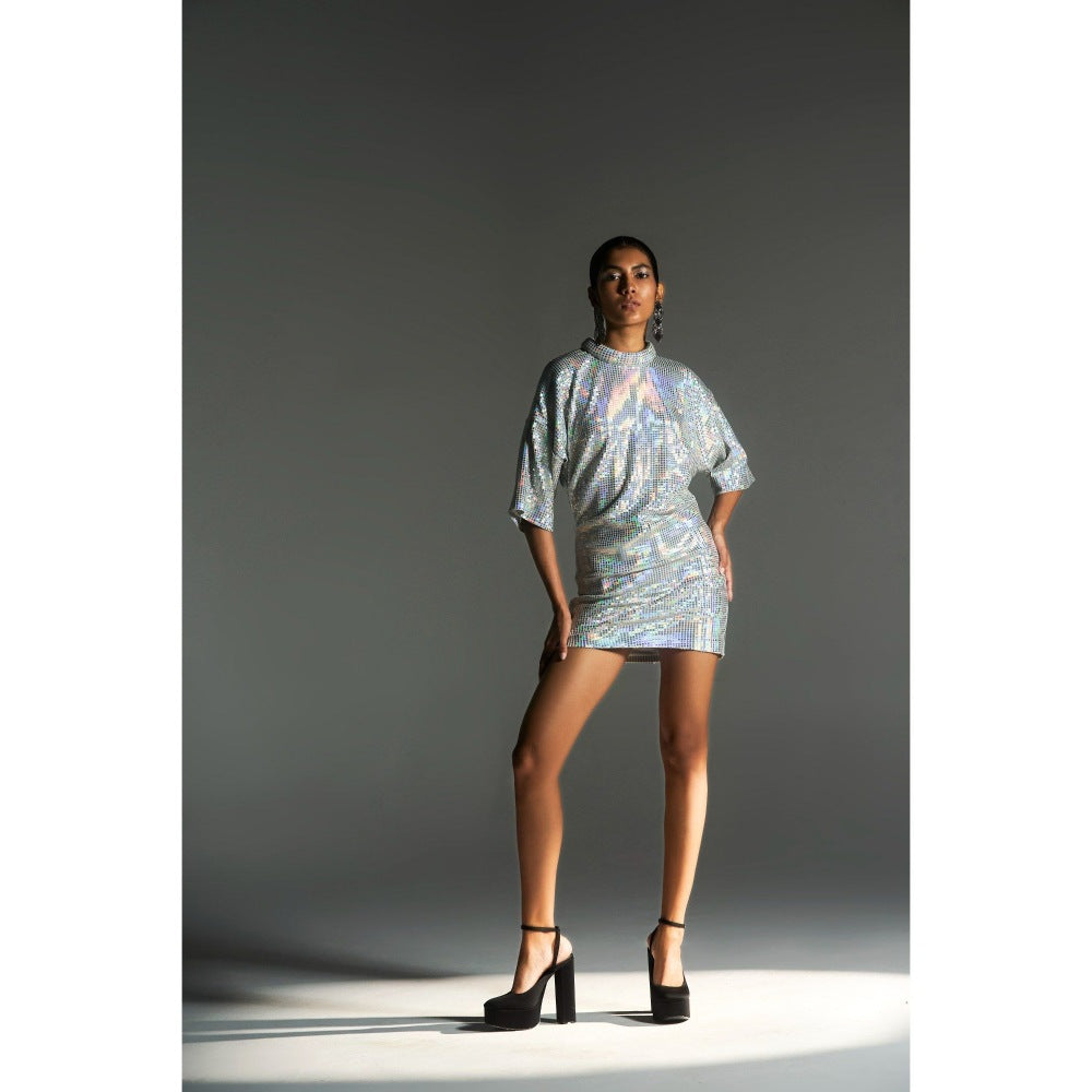 KANGANA TREHAN Silver Metallic Jersey Rainbow Dress