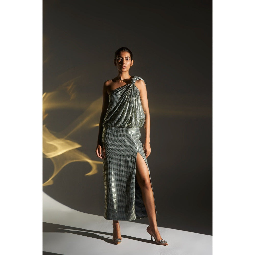 KANGANA TREHAN Silver One Shoulder Knotted Sequinned Midi Dress
