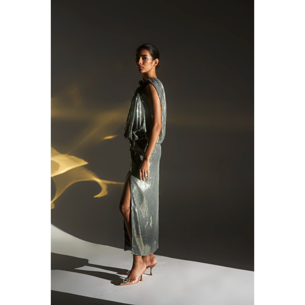 KANGANA TREHAN Silver One Shoulder Knotted Sequinned Midi Dress