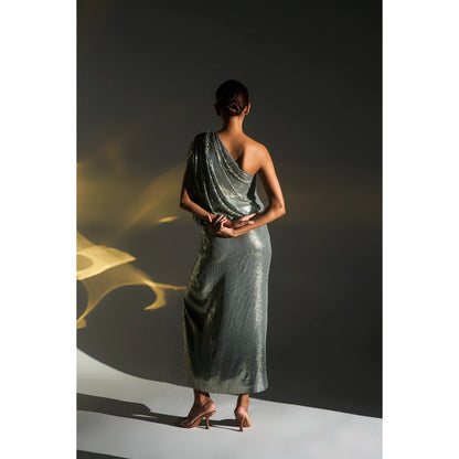 KANGANA TREHAN Silver One Shoulder Knotted Sequinned Midi Dress