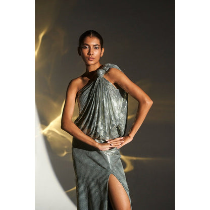 KANGANA TREHAN Silver One Shoulder Knotted Sequinned Midi Dress