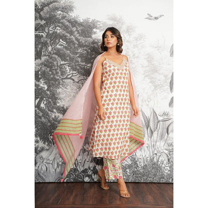 GANGA GRACE White Floral Printed Cotton Kurta with Pant and Dupatta
