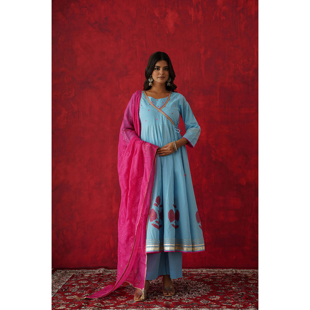 GANGA GRACE Women Cotton Embroidered Blue Angrakha Kurta with Pant and Dupatta