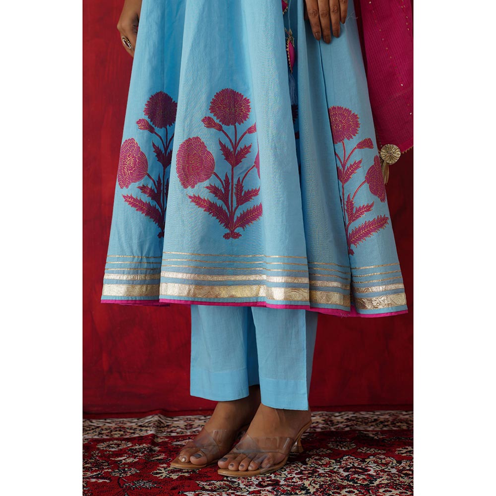 GANGA GRACE Women Cotton Embroidered Blue Angrakha Kurta with Pant and Dupatta