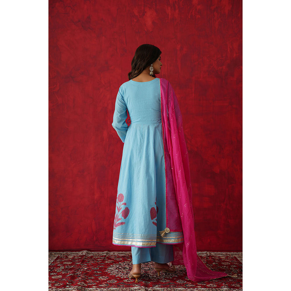 GANGA GRACE Women Cotton Embroidered Blue Angrakha Kurta with Pant and Dupatta