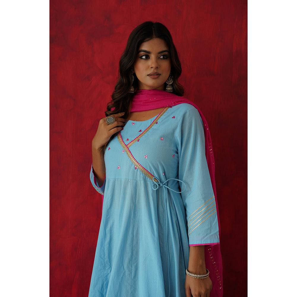 GANGA GRACE Women Cotton Embroidered Blue Angrakha Kurta with Pant and Dupatta