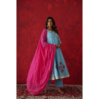 GANGA GRACE Women Cotton Embroidered Blue Angrakha Kurta with Pant and Dupatta