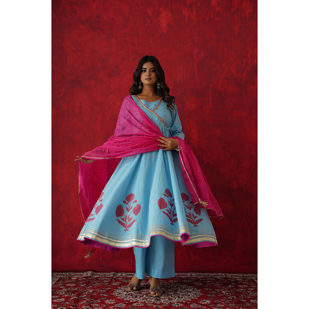 GANGA GRACE Women Cotton Embroidered Blue Angrakha Kurta with Pant and Dupatta