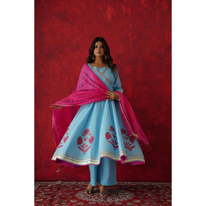 GANGA GRACE Women Cotton Embroidered Blue Angrakha Kurta with Pant and Dupatta