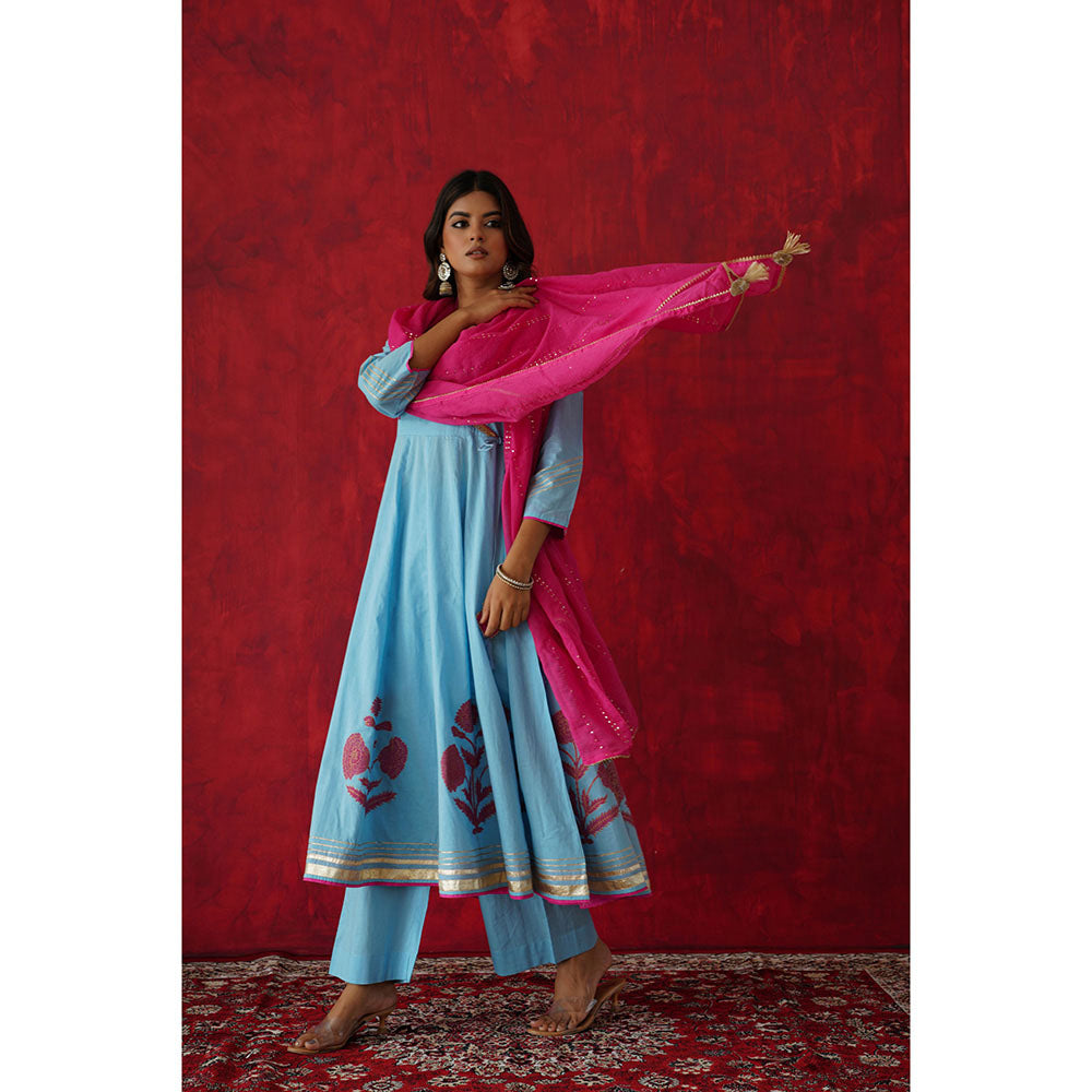 GANGA GRACE Women Cotton Embroidered Blue Angrakha Kurta with Pant and Dupatta