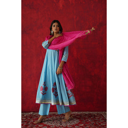GANGA GRACE Women Cotton Embroidered Blue Angrakha Kurta with Pant and Dupatta